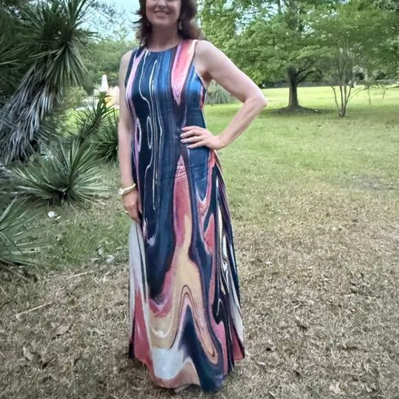 Derek Lam Blue Watercolor Maxi Dress Size 8 A-line Satin Vacation Designer $650 - Picture 5 of 16